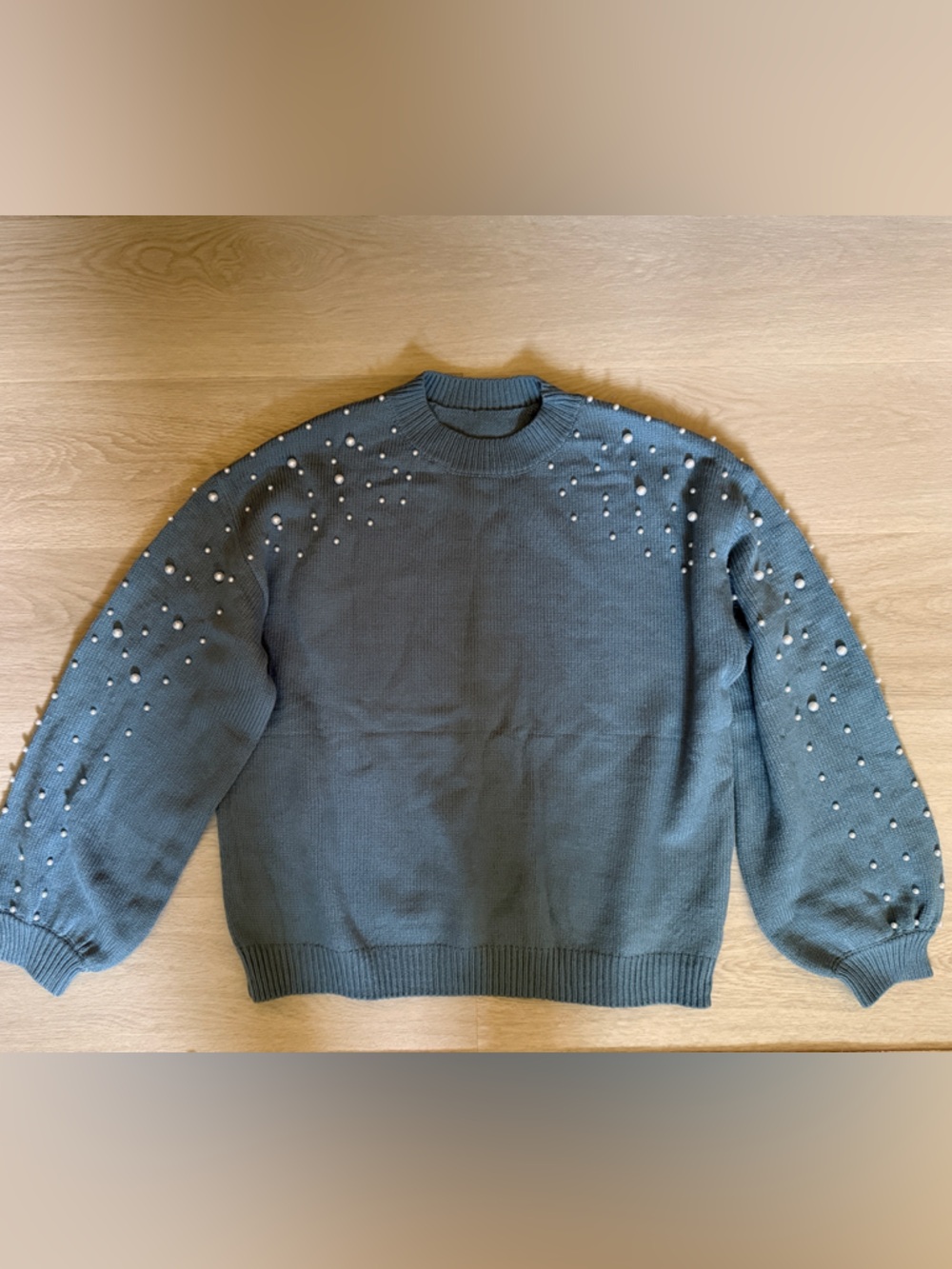 Women’s Pearl-Accent Blue Mock Neck Sweater